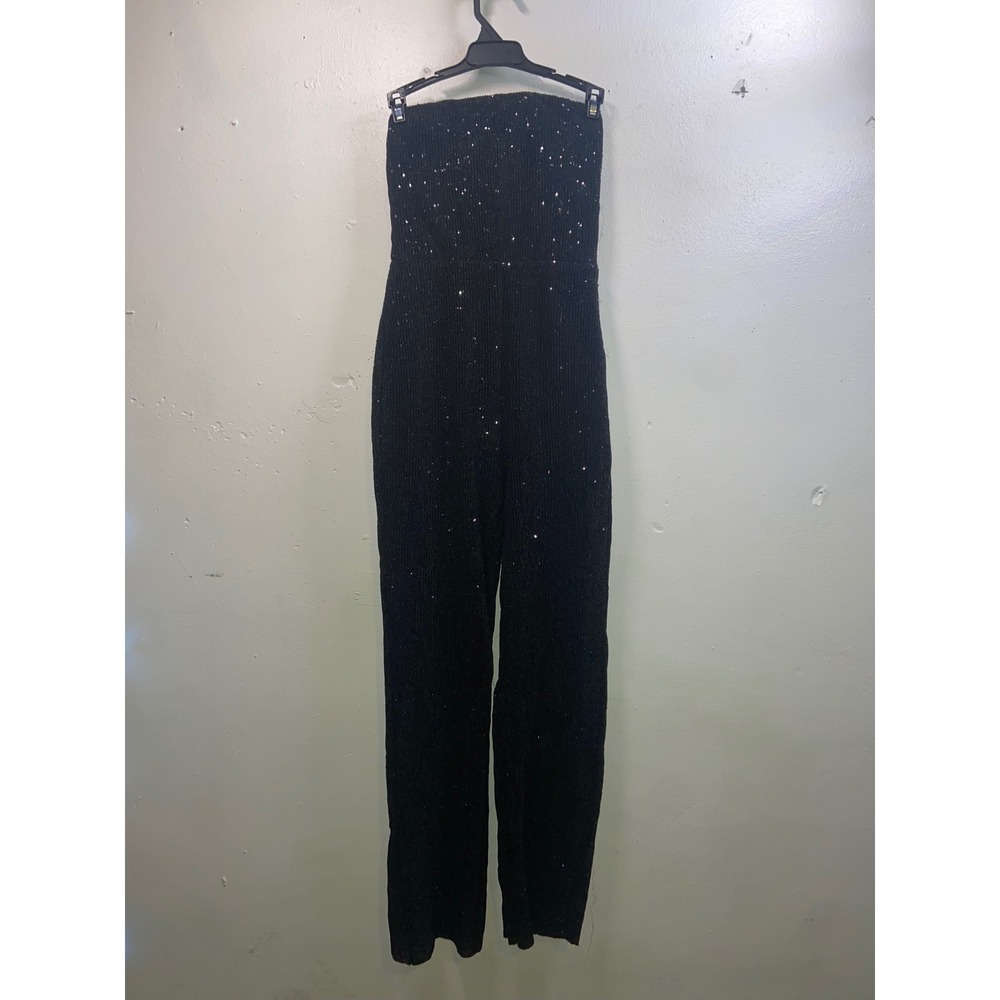 Wild Fable Glam Party Black Sequin Strapless Flare Leg Jumpsuit Metallic Sparkle